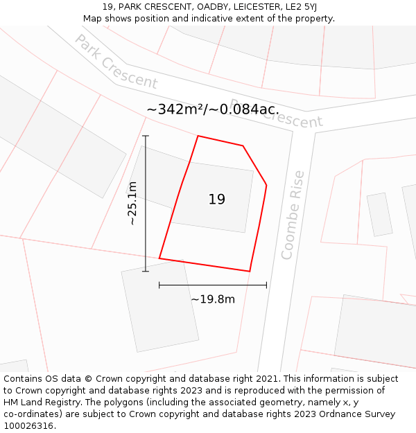 19, PARK CRESCENT, OADBY, LEICESTER, LE2 5YJ: Plot and title map