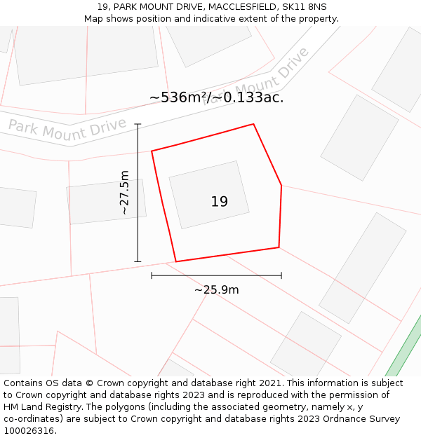 19, PARK MOUNT DRIVE, MACCLESFIELD, SK11 8NS: Plot and title map