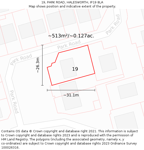 19, PARK ROAD, HALESWORTH, IP19 8LA: Plot and title map