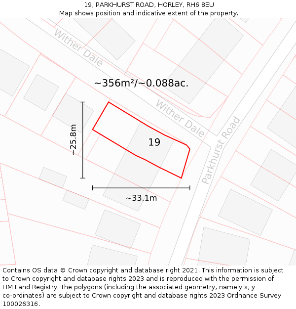 19, PARKHURST ROAD, HORLEY, RH6 8EU: Plot and title map