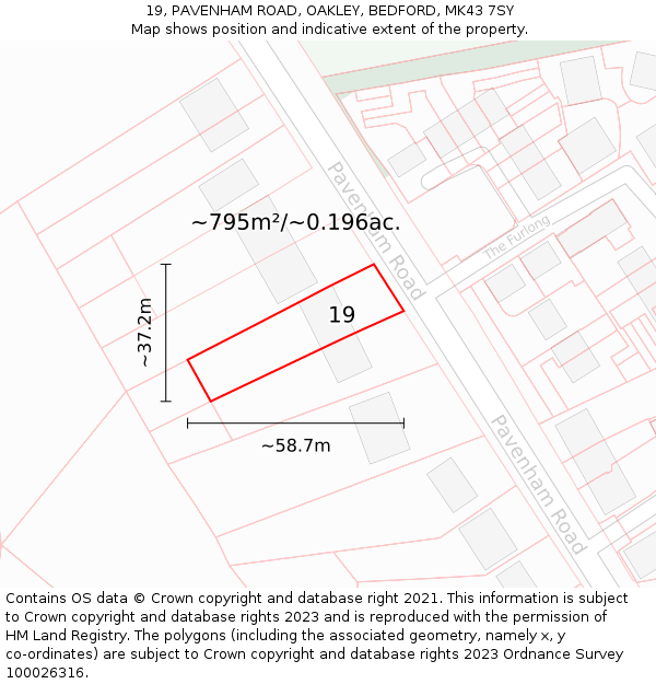 19, PAVENHAM ROAD, OAKLEY, BEDFORD, MK43 7SY: Plot and title map