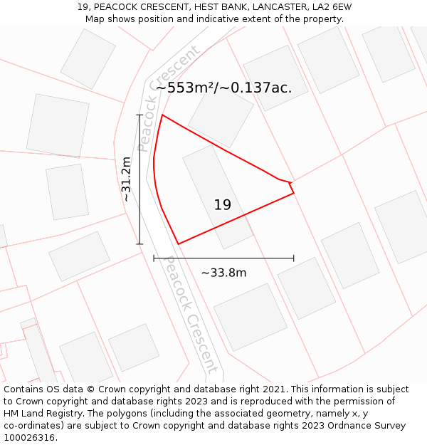 19, PEACOCK CRESCENT, HEST BANK, LANCASTER, LA2 6EW: Plot and title map