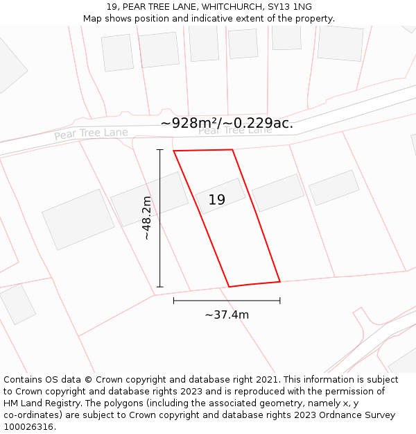 19, PEAR TREE LANE, WHITCHURCH, SY13 1NG: Plot and title map