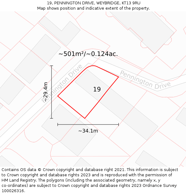 19, PENNINGTON DRIVE, WEYBRIDGE, KT13 9RU: Plot and title map