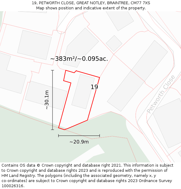 19, PETWORTH CLOSE, GREAT NOTLEY, BRAINTREE, CM77 7XS: Plot and title map