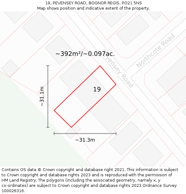 19, PEVENSEY ROAD, BOGNOR REGIS, PO21 5NS: Plot and title map