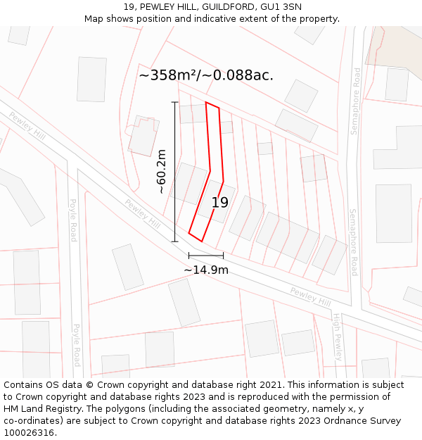 19, PEWLEY HILL, GUILDFORD, GU1 3SN: Plot and title map