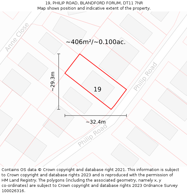 19, PHILIP ROAD, BLANDFORD FORUM, DT11 7NR: Plot and title map