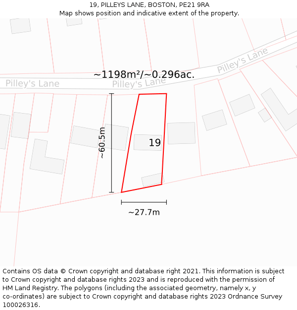 19, PILLEYS LANE, BOSTON, PE21 9RA: Plot and title map