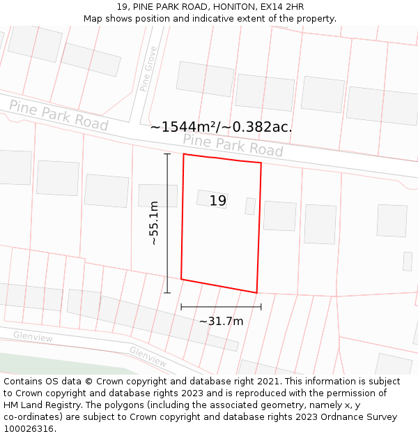 19, PINE PARK ROAD, HONITON, EX14 2HR: Plot and title map