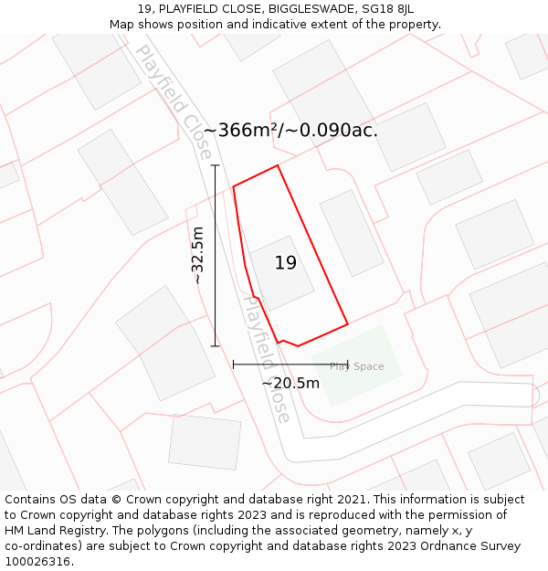 19, PLAYFIELD CLOSE, BIGGLESWADE, SG18 8JL: Plot and title map