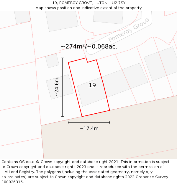19, POMEROY GROVE, LUTON, LU2 7SY: Plot and title map