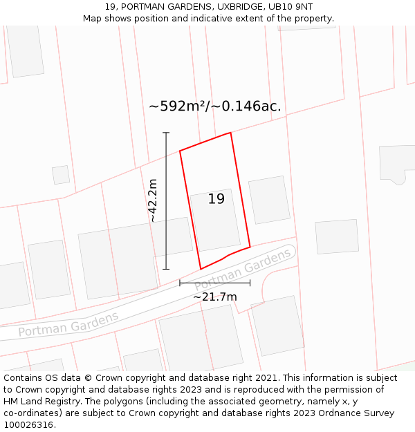 19, PORTMAN GARDENS, UXBRIDGE, UB10 9NT: Plot and title map