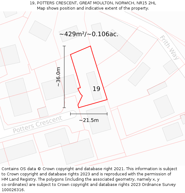 19, POTTERS CRESCENT, GREAT MOULTON, NORWICH, NR15 2HL: Plot and title map