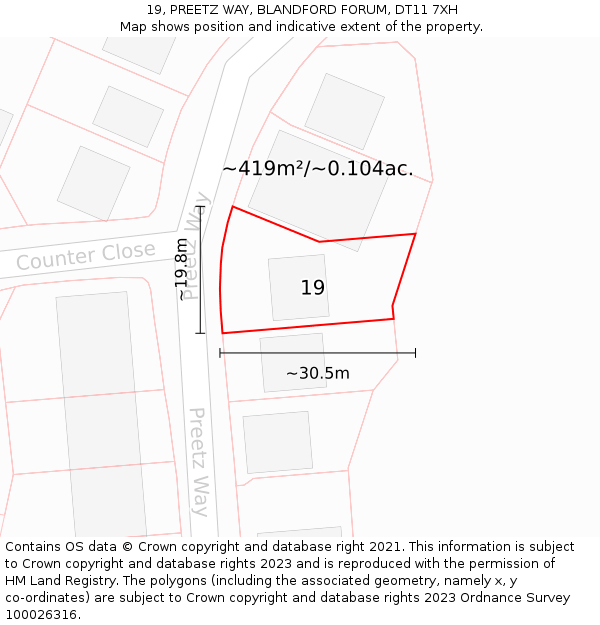 19, PREETZ WAY, BLANDFORD FORUM, DT11 7XH: Plot and title map