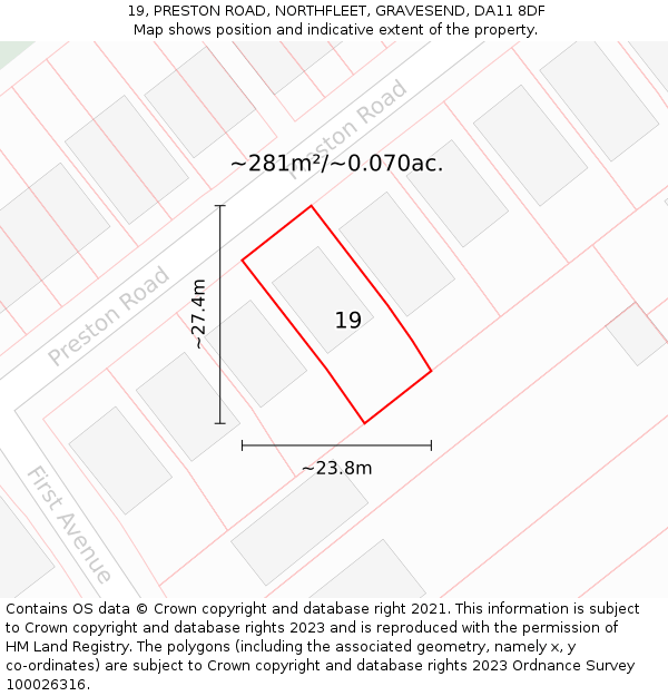 19, PRESTON ROAD, NORTHFLEET, GRAVESEND, DA11 8DF: Plot and title map