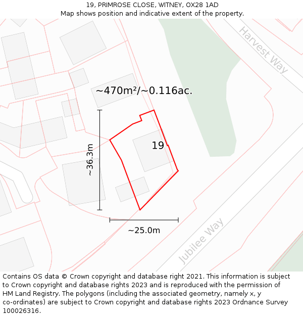 19, PRIMROSE CLOSE, WITNEY, OX28 1AD: Plot and title map