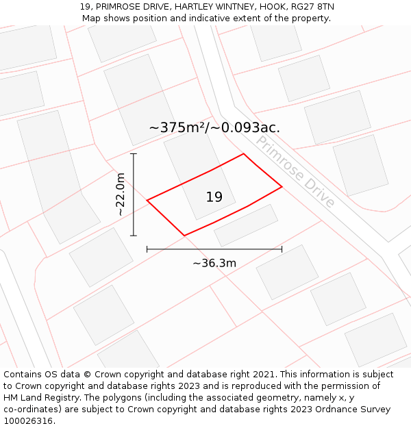 19, PRIMROSE DRIVE, HARTLEY WINTNEY, HOOK, RG27 8TN: Plot and title map