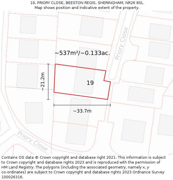 19, PRIORY CLOSE, BEESTON REGIS, SHERINGHAM, NR26 8SL: Plot and title map