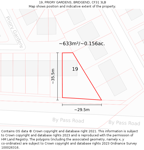 19, PRIORY GARDENS, BRIDGEND, CF31 3LB: Plot and title map