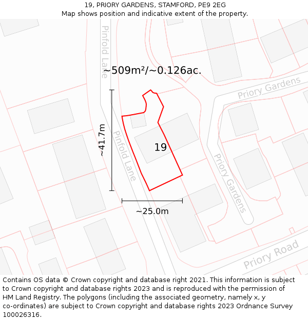 19, PRIORY GARDENS, STAMFORD, PE9 2EG: Plot and title map