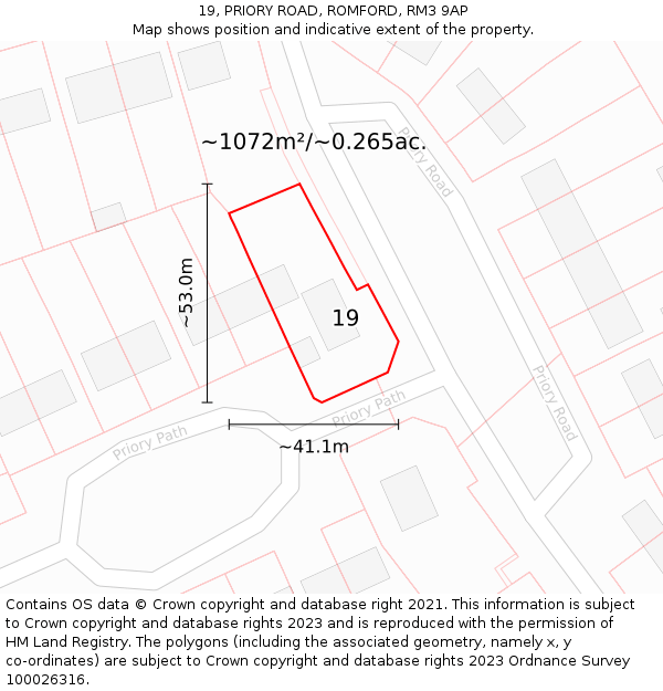 19, PRIORY ROAD, ROMFORD, RM3 9AP: Plot and title map