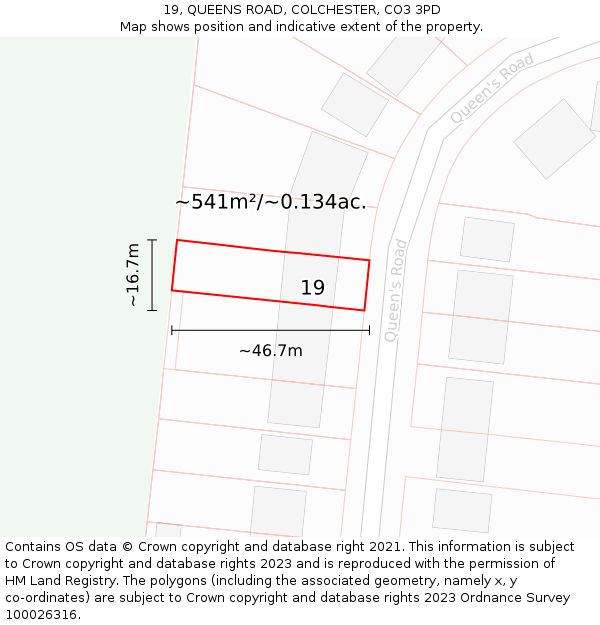 19, QUEENS ROAD, COLCHESTER, CO3 3PD: Plot and title map