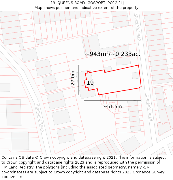 19, QUEENS ROAD, GOSPORT, PO12 1LJ: Plot and title map