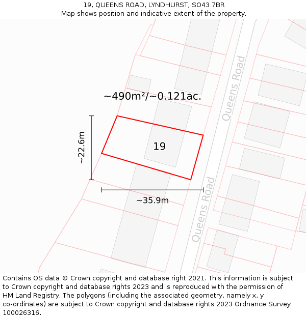 19, QUEENS ROAD, LYNDHURST, SO43 7BR: Plot and title map