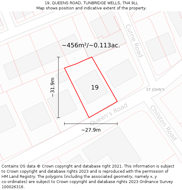 19, QUEENS ROAD, TUNBRIDGE WELLS, TN4 9LL: Plot and title map