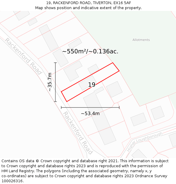 19, RACKENFORD ROAD, TIVERTON, EX16 5AF: Plot and title map