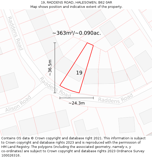 19, RADDENS ROAD, HALESOWEN, B62 0AR: Plot and title map