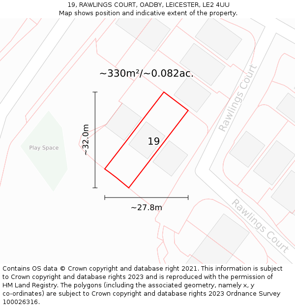 19, RAWLINGS COURT, OADBY, LEICESTER, LE2 4UU: Plot and title map