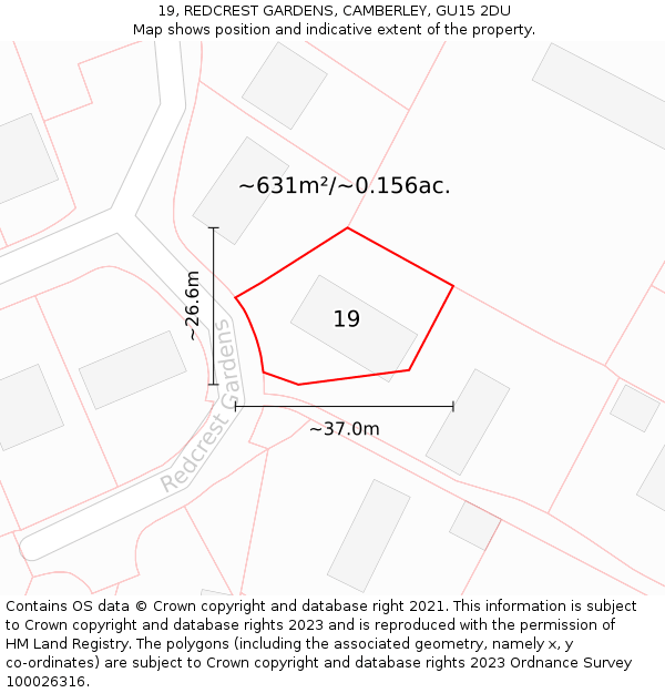 19, REDCREST GARDENS, CAMBERLEY, GU15 2DU: Plot and title map