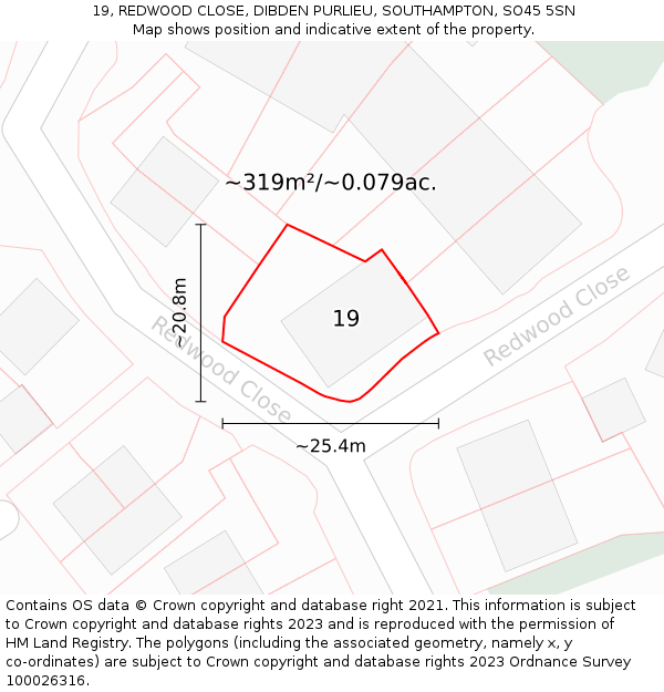 19, REDWOOD CLOSE, DIBDEN PURLIEU, SOUTHAMPTON, SO45 5SN: Plot and title map