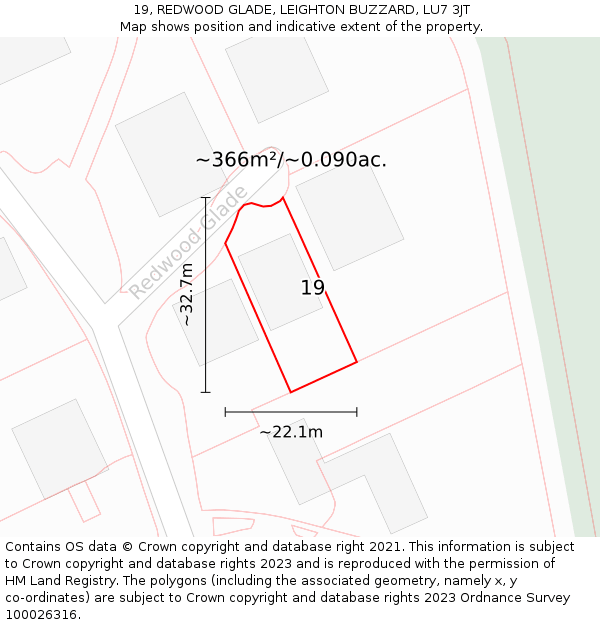 19, REDWOOD GLADE, LEIGHTON BUZZARD, LU7 3JT: Plot and title map