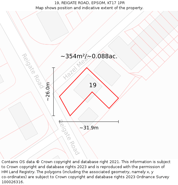 19, REIGATE ROAD, EPSOM, KT17 1PR: Plot and title map