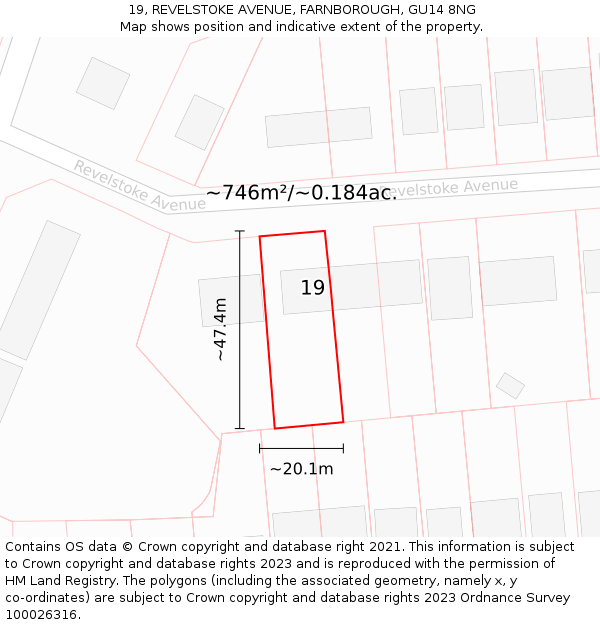 19, REVELSTOKE AVENUE, FARNBOROUGH, GU14 8NG: Plot and title map