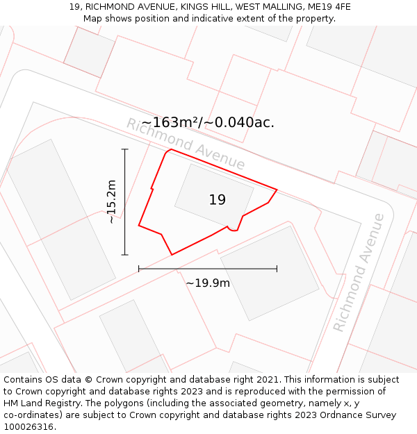 19, RICHMOND AVENUE, KINGS HILL, WEST MALLING, ME19 4FE: Plot and title map