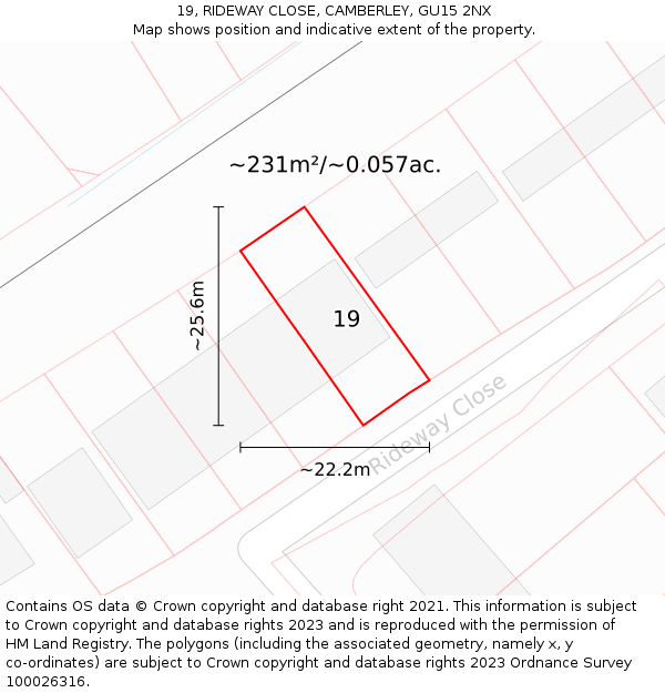 19, RIDEWAY CLOSE, CAMBERLEY, GU15 2NX: Plot and title map