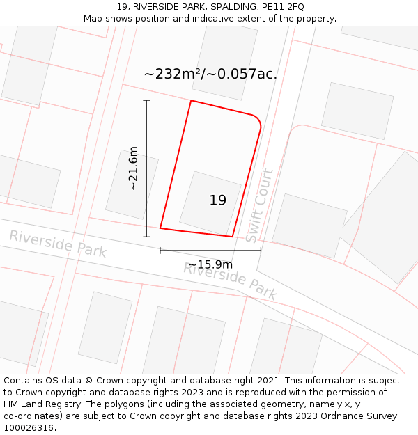 19, RIVERSIDE PARK, SPALDING, PE11 2FQ: Plot and title map