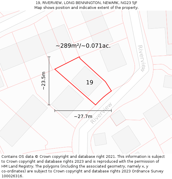 19, RIVERVIEW, LONG BENNINGTON, NEWARK, NG23 5JF: Plot and title map