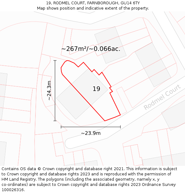 19, RODMEL COURT, FARNBOROUGH, GU14 6TY: Plot and title map