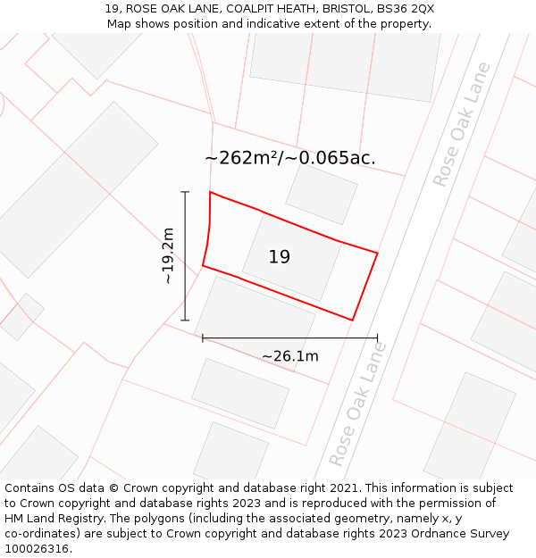 19, ROSE OAK LANE, COALPIT HEATH, BRISTOL, BS36 2QX: Plot and title map