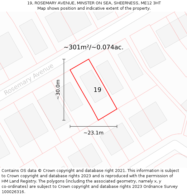 19, ROSEMARY AVENUE, MINSTER ON SEA, SHEERNESS, ME12 3HT: Plot and title map