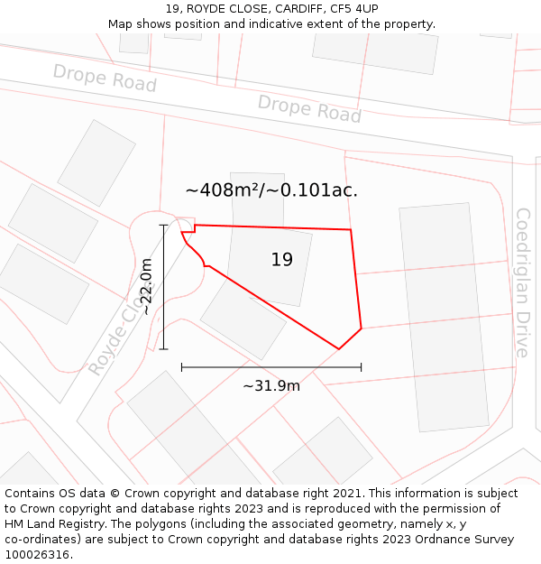 19, ROYDE CLOSE, CARDIFF, CF5 4UP: Plot and title map