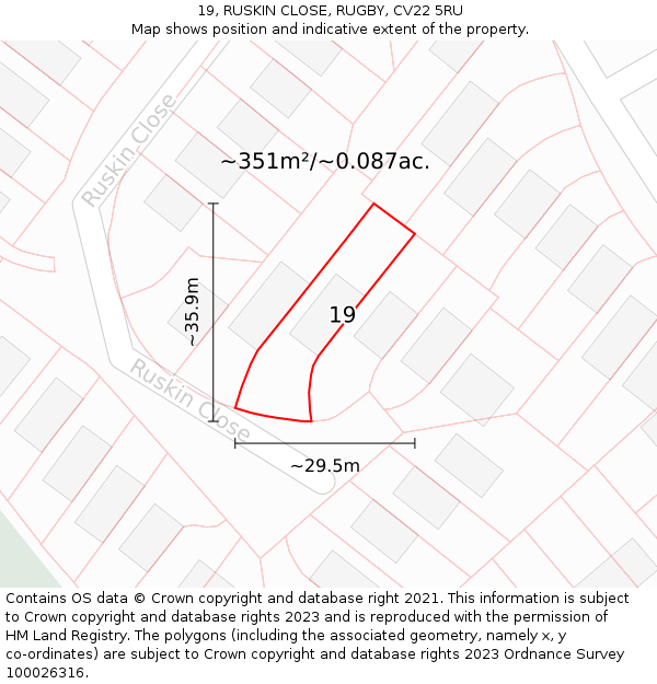 19, RUSKIN CLOSE, RUGBY, CV22 5RU: Plot and title map