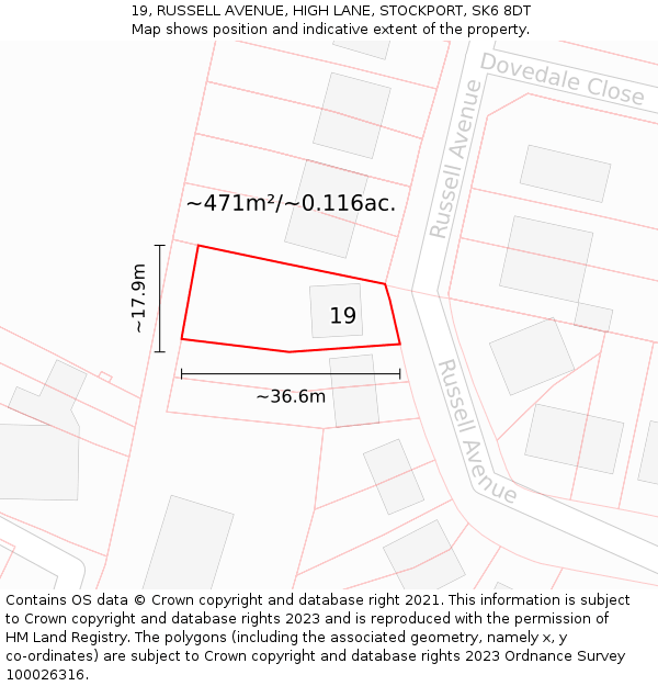 19, RUSSELL AVENUE, HIGH LANE, STOCKPORT, SK6 8DT: Plot and title map