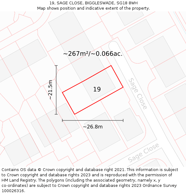 19, SAGE CLOSE, BIGGLESWADE, SG18 8WH: Plot and title map