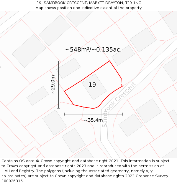 19, SAMBROOK CRESCENT, MARKET DRAYTON, TF9 1NG: Plot and title map